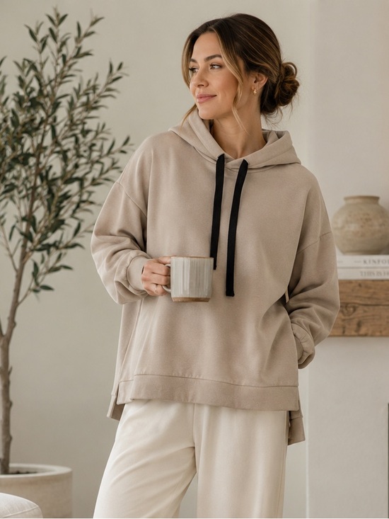 Drawstrigns Cuyana | Tops | Cuyana Supima Cotton Oversized Hoodie Large Taupe Black ...